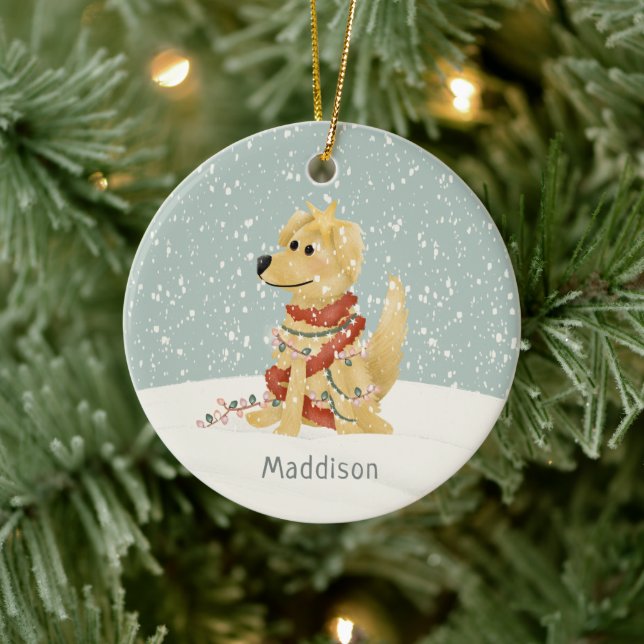 Adorno De Cerámica Navidades de invierno de Cute Golden Retriever (Árbol)