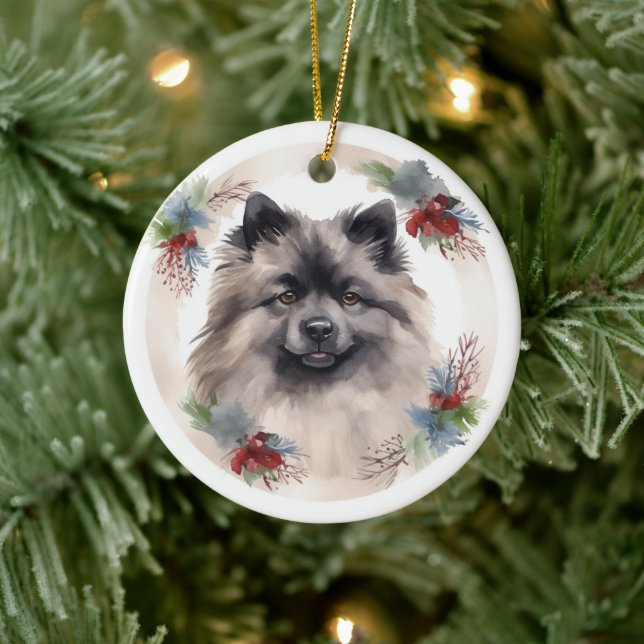 Adorno De Cerámica Navidades de Keeshond Wreath Festive Pup (Árbol)