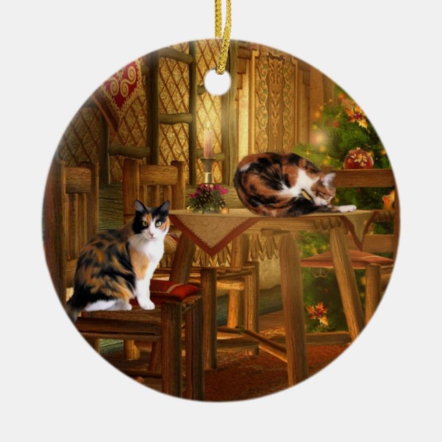 Adorno De Cerámica Navidades de kitties de Calico (Frente)