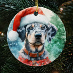 Adorno De Cerámica Navidades de la acuarela del perro leopardo de Cat<br><div class="desc">Cute acuarela Catahoula Leopard Hound Christmas Ornament con árboles de Navidad en el fondo. El regalo perfecto para los amantes del Catahoula Hound,  dueños de un perro leopardo de Catahoula.</div>