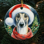 Adorno De Cerámica Navidades de la acuarela Greyhound Santa Hat<br><div class="desc">Cute acuarela Greyhound Usando un adorno navideño de Santa Hat con tonos vintage y un árbol de Navidad en el fondo. El regalo perfecto para los amantes del galgo.</div>