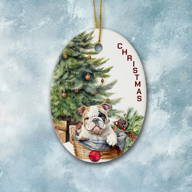 Adorno De Cerámica Navidades de la cesta de mimbre de bulldog (Subido por el creador)