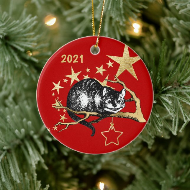 Adorno De Cerámica Navidades de la estrella del gato de Cheshire Red  (Árbol)