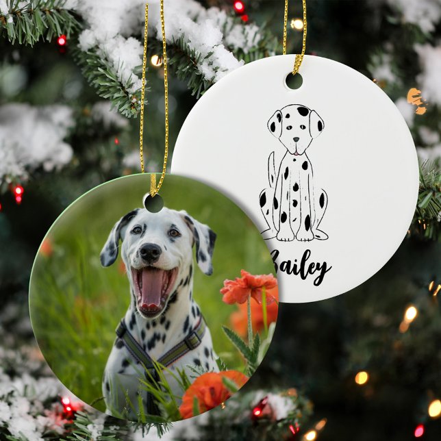 Adorno De Cerámica Navidades de la festividad de Dalmacia (Cute white poodle puppy Christmas ornament with personalized pet photo holiday design.)