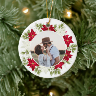 Adorno De Cerámica Navidades de la Flor de Poinsettia y de la Ronda d