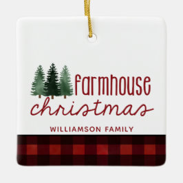 Adorno De Cerámica Navidades de la granja Foto de Buffalo Plaid Name