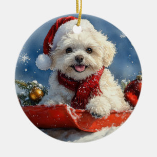Adorno De Cerámica Navidades de la niebla de Bichon Frise Dog en Sled