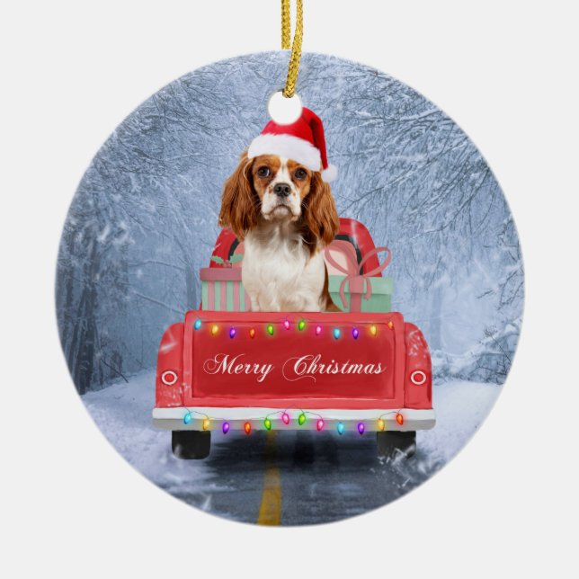 Adorno De Cerámica Navidades de la Nieve Perro Cavalier King Charles  (Frente)