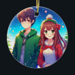 Adorno De Cerámica Navidades de la pareja Cute Anime<br><div class="desc">Un chico de anime y una pareja de Navidades románticos chicas son arte. Todo lo que quiero para los Navidades es que cites.</div>