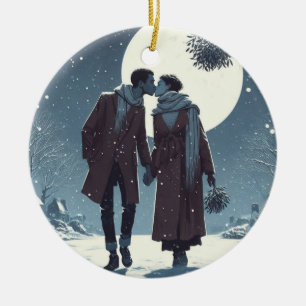 Adorno De Cerámica Navidades de la pareja de Kiss de nieve