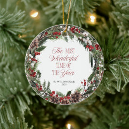 Adorno De Cerámica Navidades de la tipografía moderna Red Berry Wreat