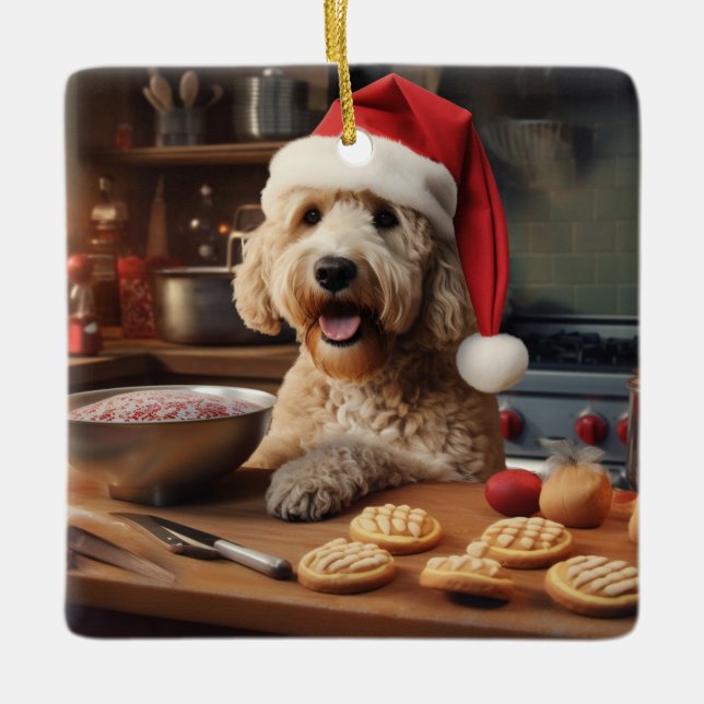 Adorno De Cerámica Navidades de Labradoodle en vacaciones festivas (Anverso)
