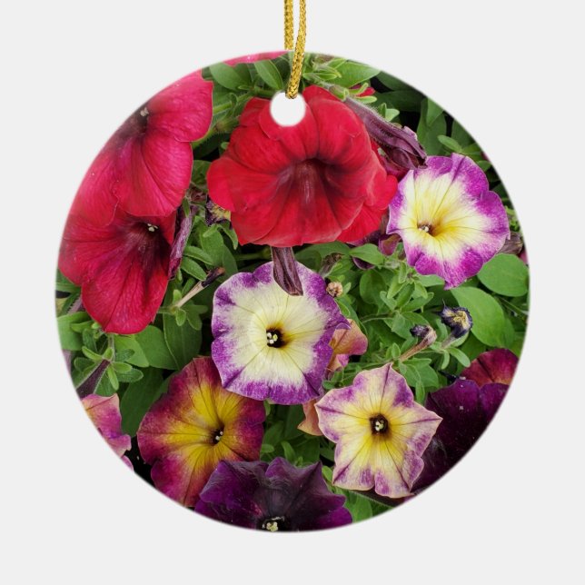 Adorno De Cerámica Navidades de las flores púrpura y rosa de Petunias (Frente)