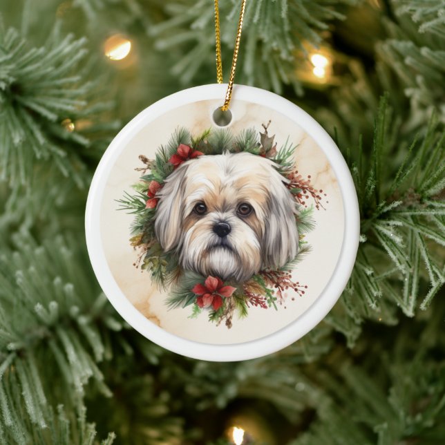 Adorno De Cerámica Navidades de Lhasa Apso Wreath Festimes Pup (Árbol)