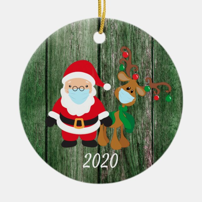 Adorno De Cerámica Navidades de madera Máscara Santa y reno 2020 (Frente)