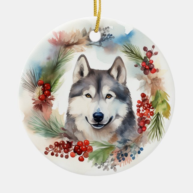 Adorno De Cerámica Navidades de Malamute de Alaska escribieron presen (Frente)