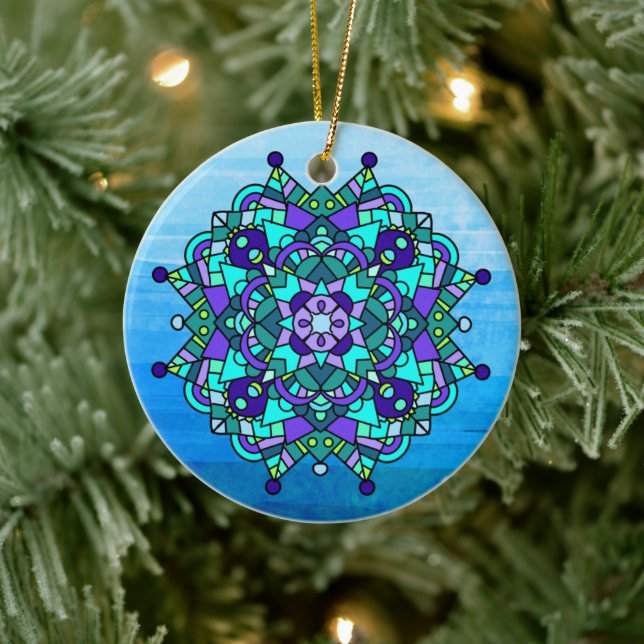 Adorno De Cerámica Navidades de Mandala azul y púrpura (Árbol)