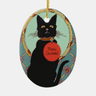 Adorno De Cerámica Navidades de Meowy, gato negro de arte vintage
