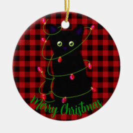 Adorno De Cerámica Navidades de Meowy Red plaid holly berries