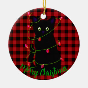 Adorno De Cerámica Navidades de Meowy Red plaid holly berries