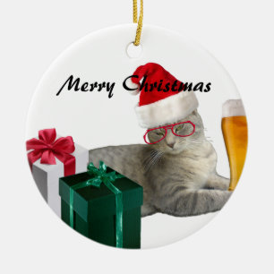 Adorno De Cerámica Navidades de moda divertidos Santa cat con cerveza
