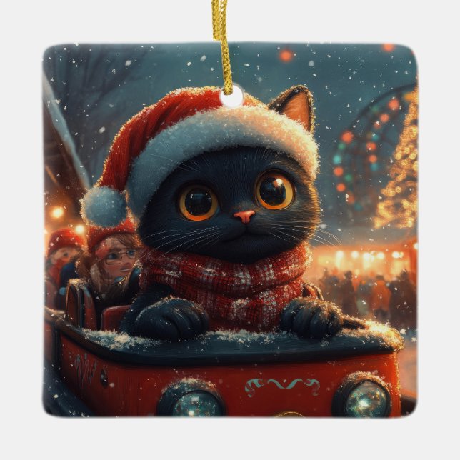 Adorno De Cerámica Navidades de montaña rusa de rollo de gato negro (Anverso)