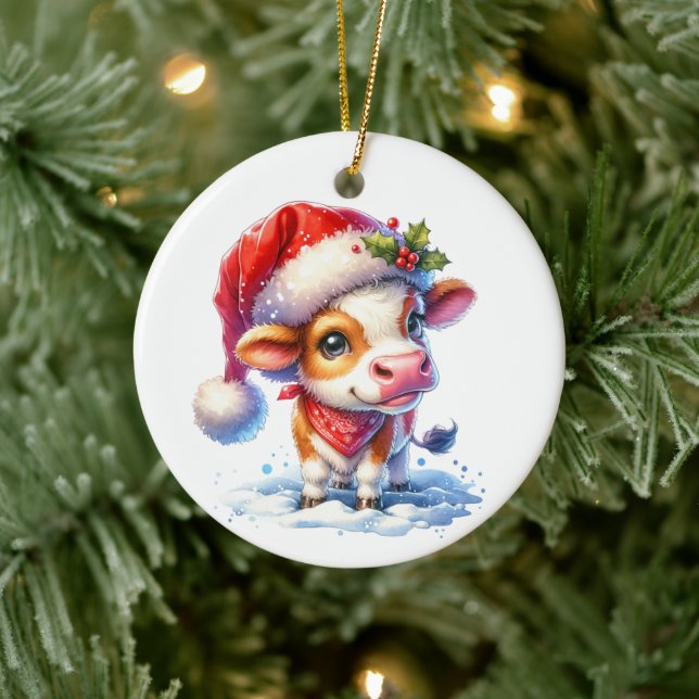 Adorno De Cerámica Navidades de Moo-ey | Vaca en Santa Hat (Árbol)
