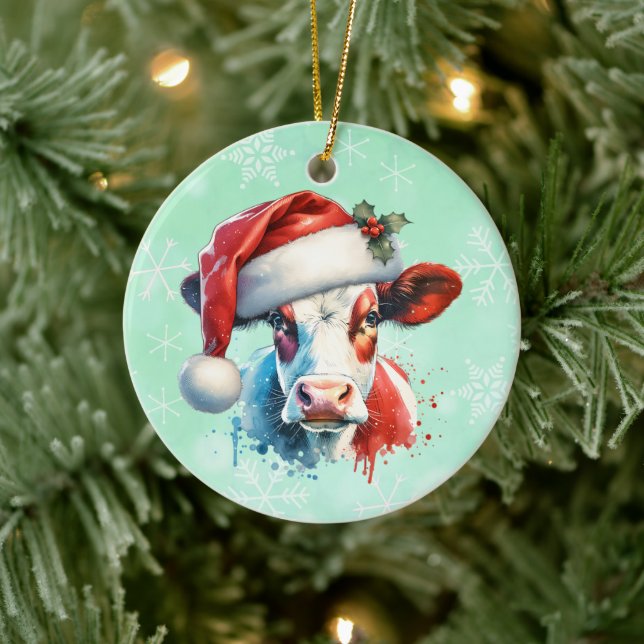 Adorno De Cerámica Navidades de Moo-ey | Vaca en Santa Hat (Árbol)