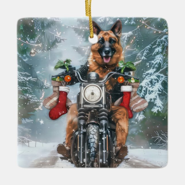 Adorno De Cerámica Navidades de motocicleta de Pastor Alemán (Anverso)