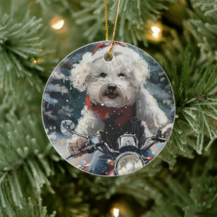 Adorno De Cerámica Navidades de motocicletas Bichon Frise Dog Riding