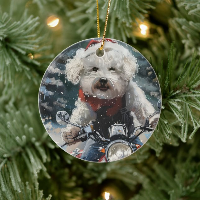 Adorno De Cerámica Navidades de motocicletas Bichon Frise Dog Riding (Árbol)