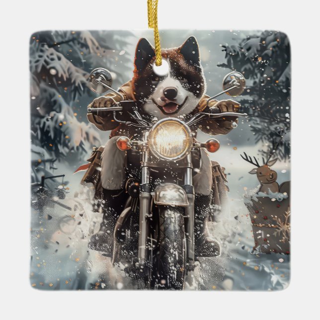 Adorno De Cerámica Navidades de motocicletas de American Akita Dog Ri (Anverso)