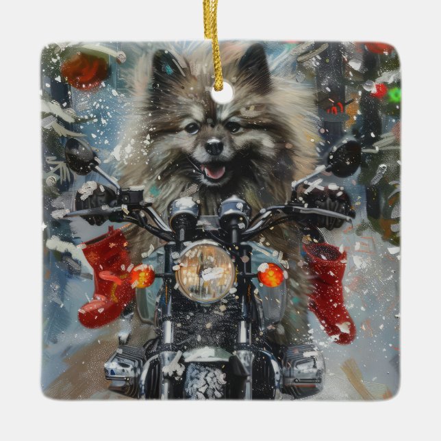 Adorno De Cerámica Navidades de motocicletas Keeshond Dog Riding (Anverso)