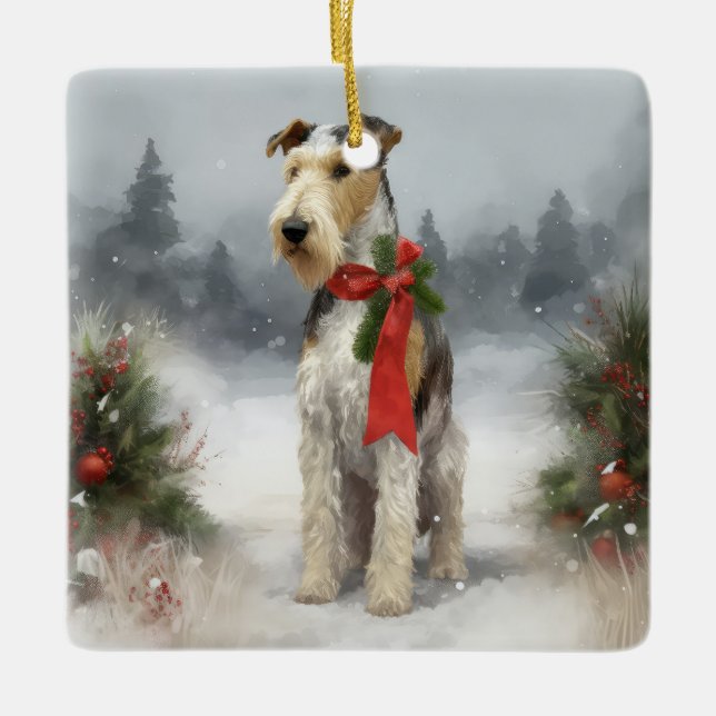 Adorno De Cerámica Navidades de Nieve en Wirefox Terrier Dog (Anverso)