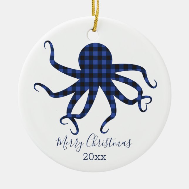 Adorno De Cerámica Navidades de Octopus de Blue Plaid (Frente)