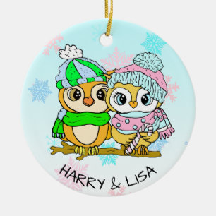 Adorno De Cerámica Navidades de parejas de búhos personalizadas