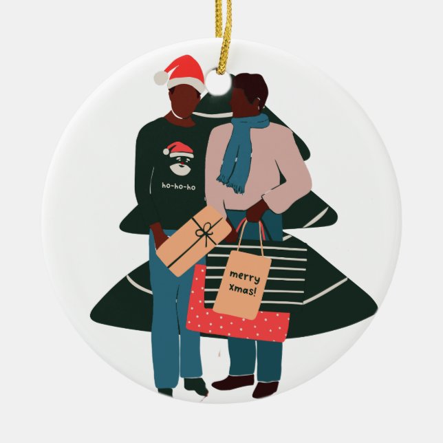 Adorno De Cerámica Navidades de parejas de hombres negros (Frente)