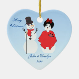 Adorno De Cerámica Navidades de parejas de Snowman con forma de coraz