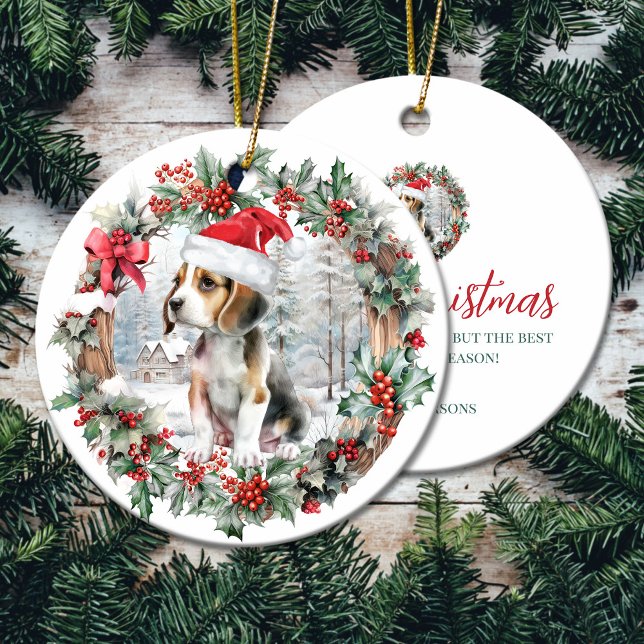 Adorno De Cerámica Navidades de pelo perro cachorro Santa sombrero (Cute Christmas beagle dog puppy Santa hat Ceramic Ornament)