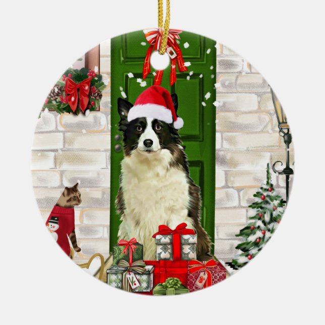 Adorno De Cerámica Navidades de Perro de Collie Fronterizo (Frente)