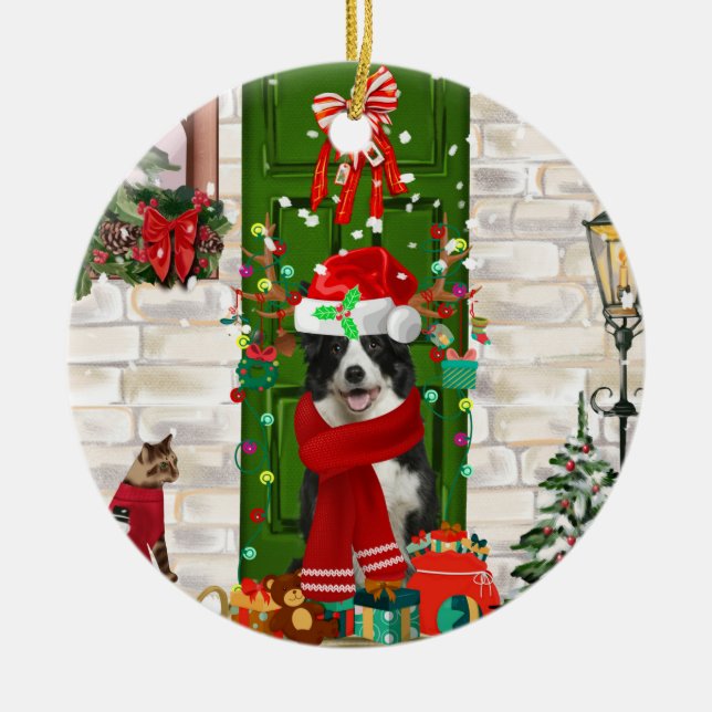Adorno De Cerámica Navidades de Perro de Collie Fronterizo (Frente)