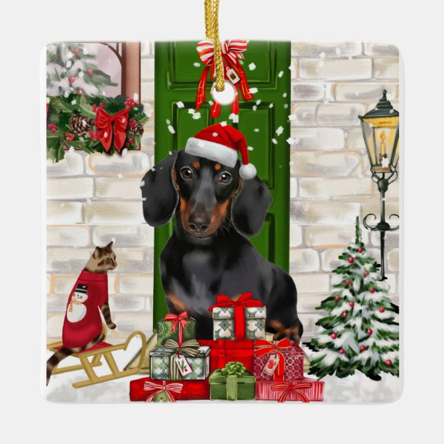 Adorno De Cerámica Navidades de perro de Dachshund (Anverso)