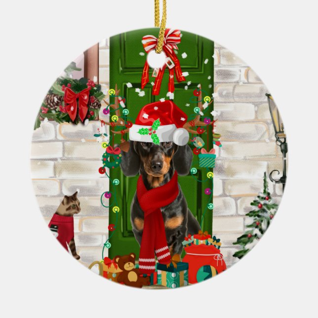 Adorno De Cerámica Navidades de perro de Dachshund (Frente)