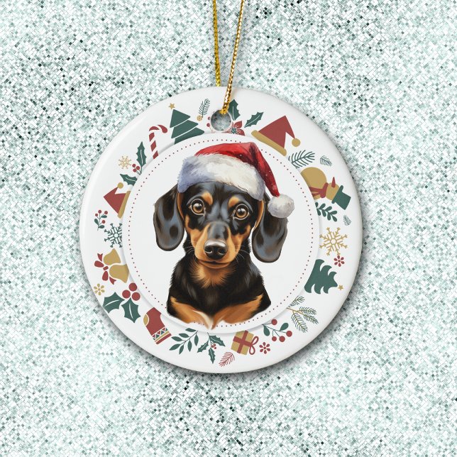 Adorno De Cerámica Navidades de perro de Santa Hat Dachshund Wreath (Subido por el creador)