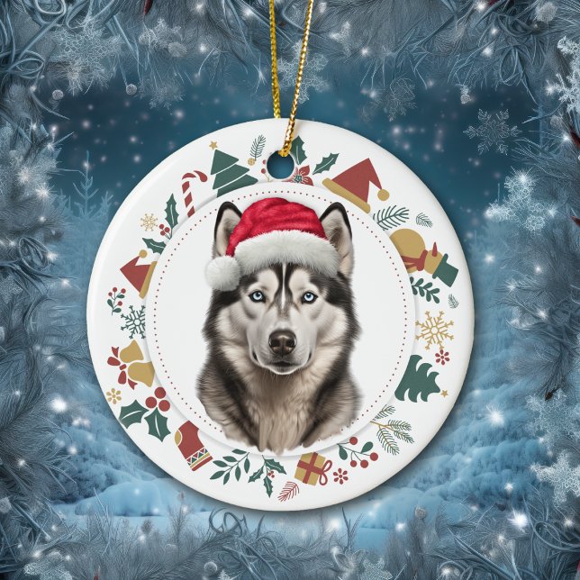 Adorno De Cerámica Navidades de perro de Santa Hat Husky Wreath (Subido por el creador)
