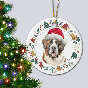 Adorno De Cerámica Navidades de perro de Santa Hat Saint Bernard Wrea