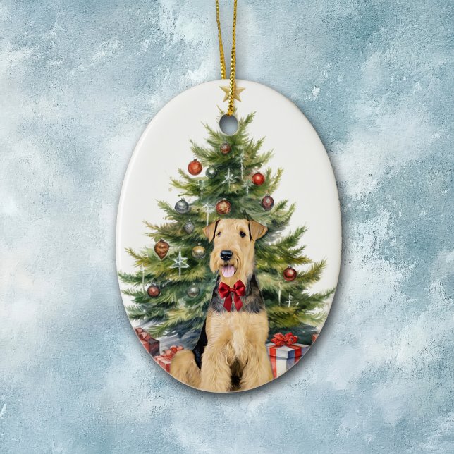 Adorno De Cerámica Navidades de Perro del Bow Rojo Airedale Terrier (Subido por el creador)