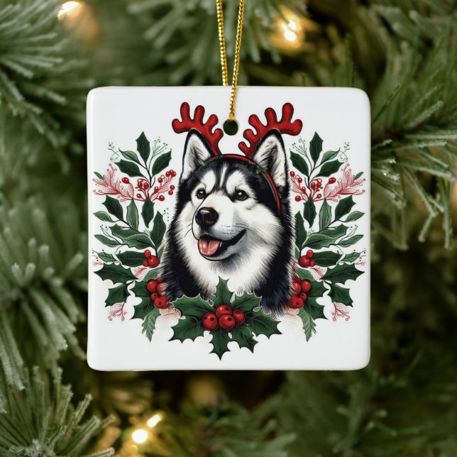 Adorno De Cerámica Navidades de Perro Husky Siberian, reno festivo (Árbol)