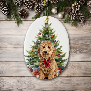 Adorno De Cerámica Navidades de Perro Red Bow Goldendoodle