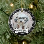 Adorno De Cerámica Navidades de perros copiosos. Foto de Polka Dot Bl<br><div class="desc">Un regalo perfecto para un mascota favorito - perro u otro. Personalizar con tu foto. Si necesita ajustar la foto o el tipo,  haga clic en el botón PERSONALIZAR ESTO arriba.</div>
